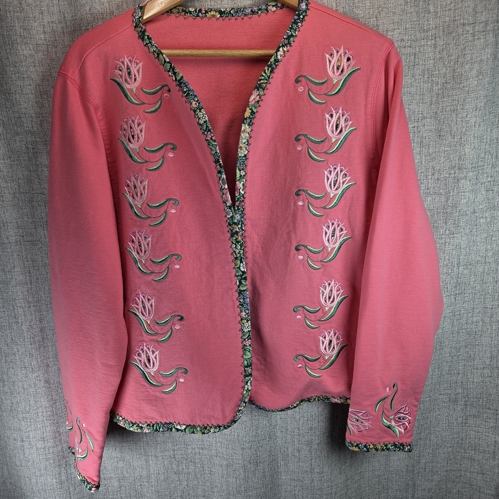 VTG‎ Upcycled Sweatshirt Grannycore Women's Cardigan Pink Embroidered Floral LG*